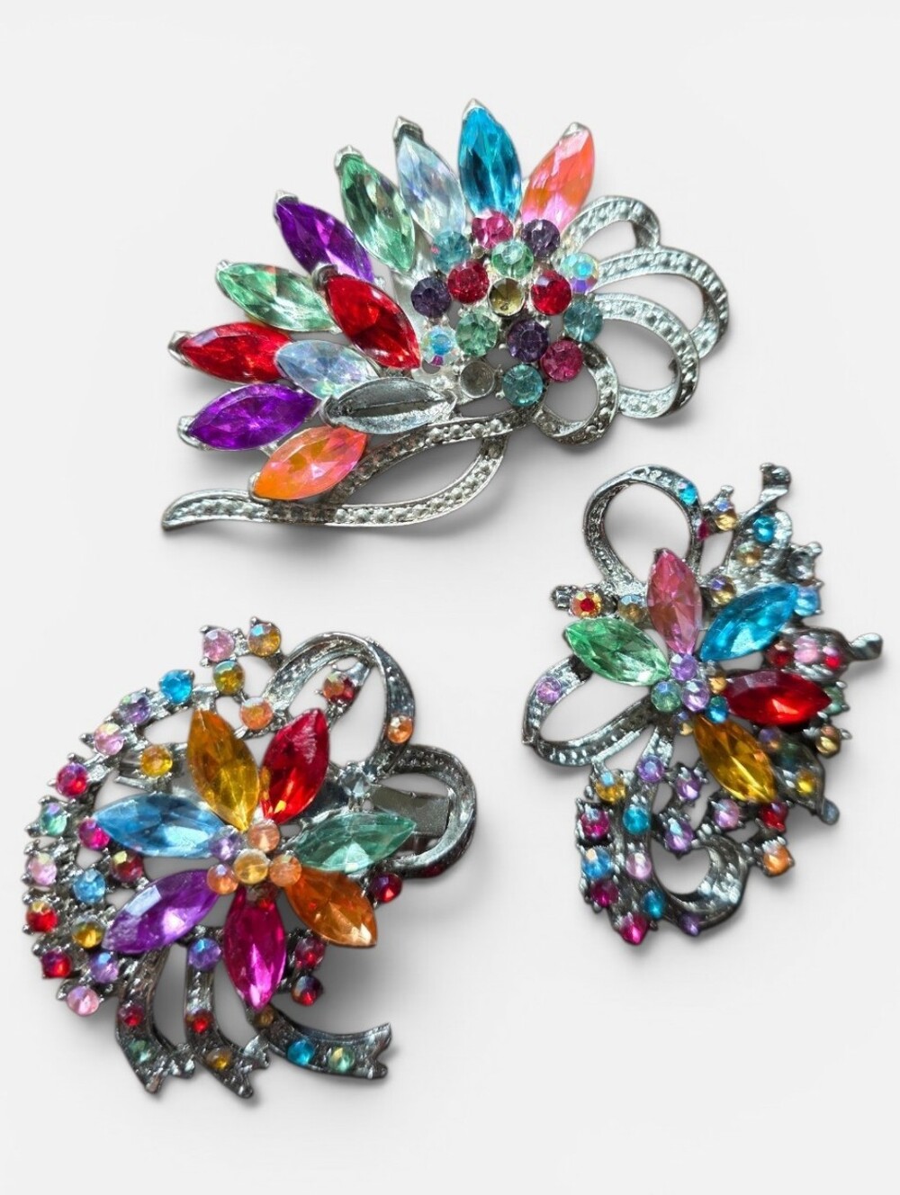 Vintage Brooch Set Multicolor Crystals Set In Silver Tone Metal. Bright & Fun.